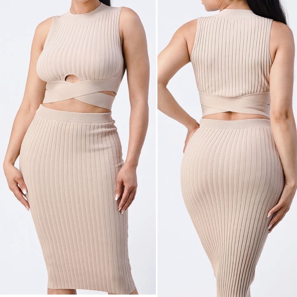 Nude Ribbed Knit Mock Neck Cut Out High Waist Skirt Two Piece Set